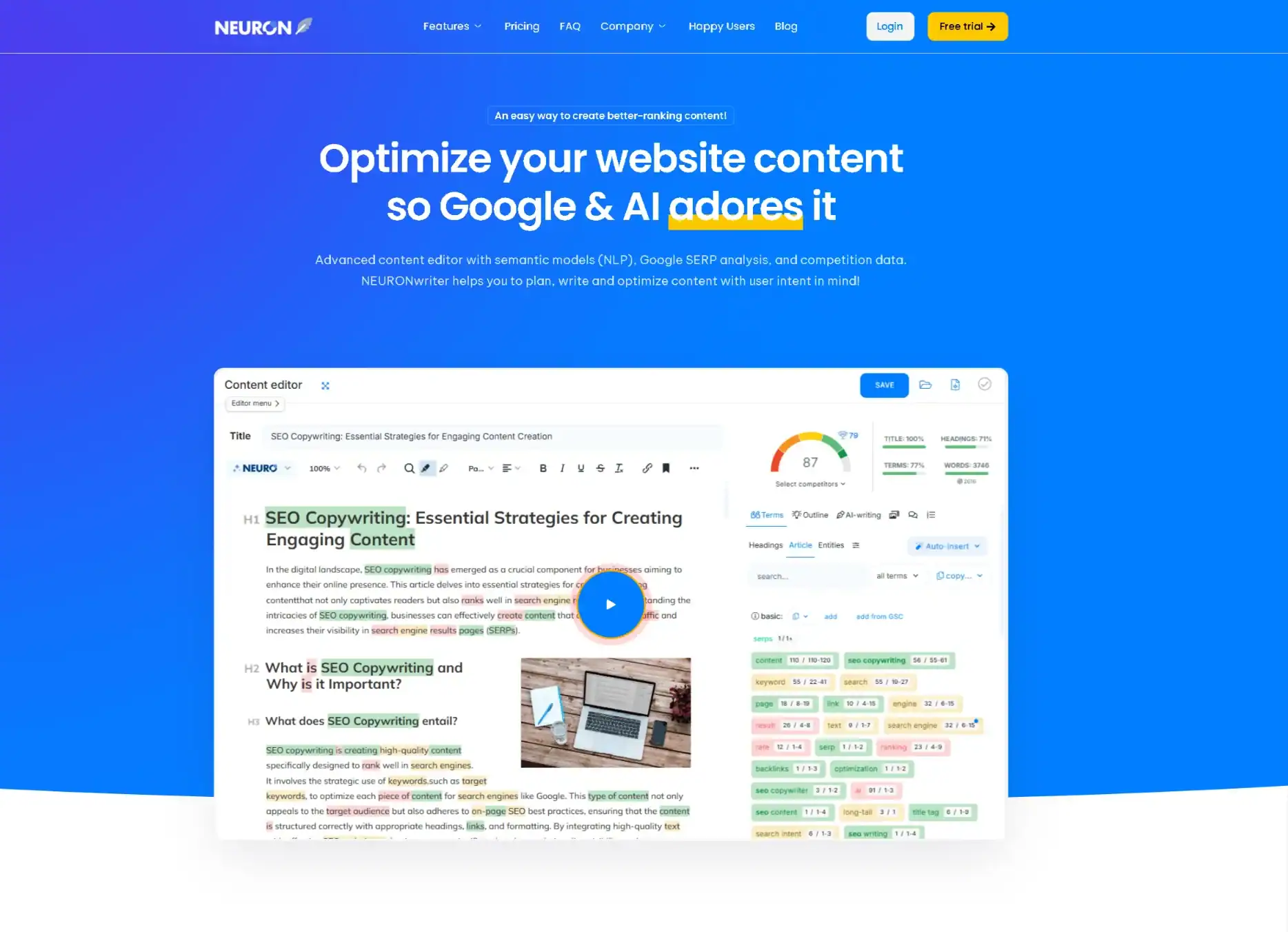 NEURONwriter content optimization tool. Screenshot of the content editor interface.